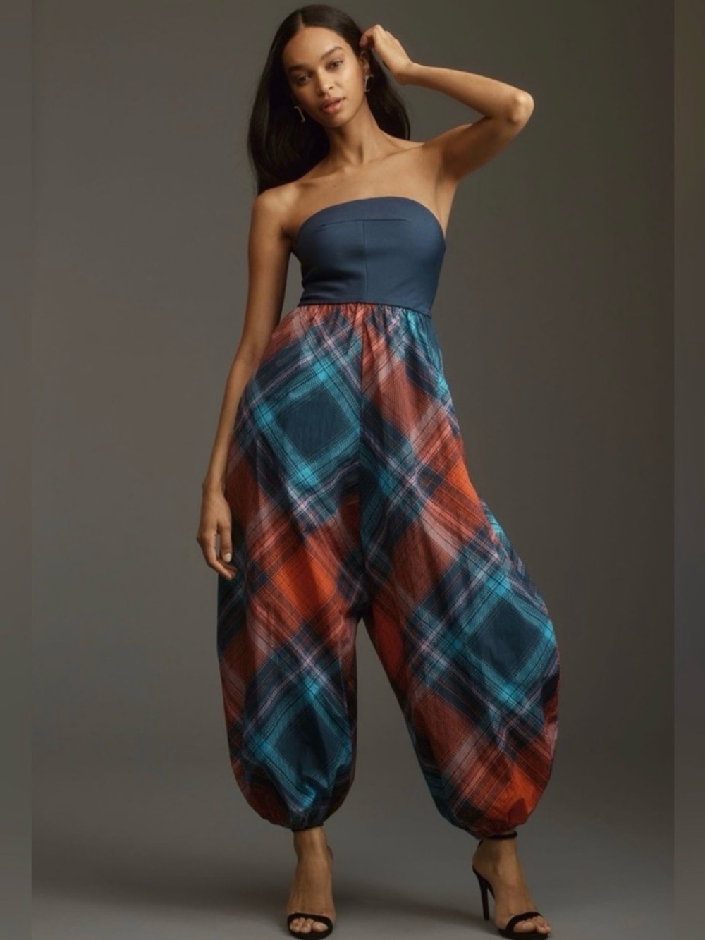 Maeve x Anthropologie Plaid Strapless Balloon Jumpsuit in Red & Navy